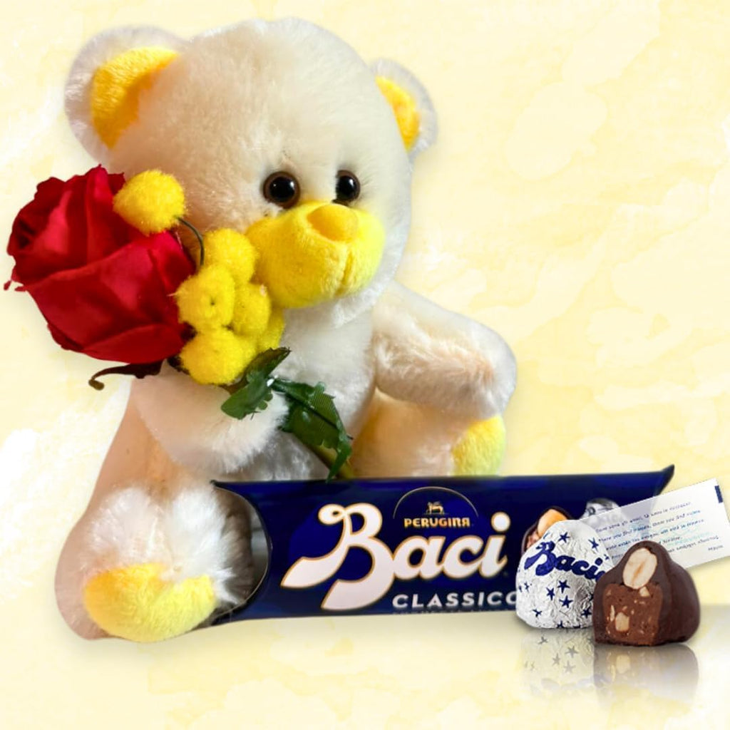 NARAMAKI® Idea Regalo Uomo Donna - Orsacchiotto Giallo + Rametto Mimosa + Rosa Artificiale + Baci Perugina 37,5gr | Regalo Compleanno