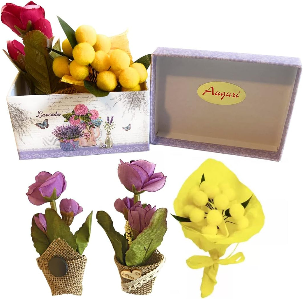 - Scatola Regalo Floreale + Mimose Finte + Cuscino a Cuore "Tu Sei Speciale" + Omaggio Calamita Fiori - Regalo Donna/Amica, Compleanno