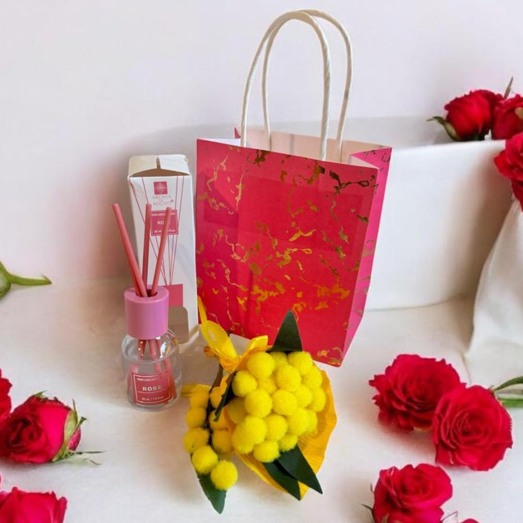 NARAMAKI® Idea Regalo per la Donna - Diffusore a Bastoncini per Ambiente 30ml Fragranze Naturali + Bouquet Mimosa Artificiale + Rametto Mimosa- Aromi| Essenze - Compleanno