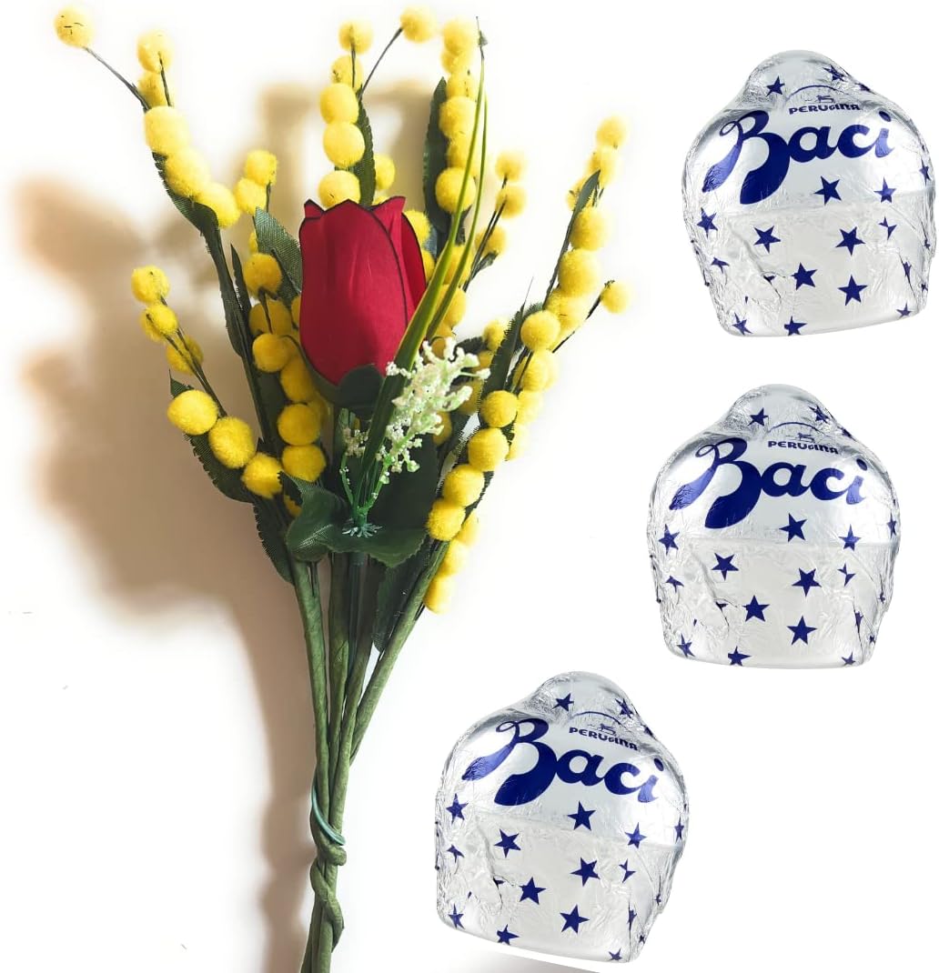 Baci Perugina Idea Regalo Festa della Mamma - Bouquet Mimose Artificiali + Rosa Rossa + Tubino Perugina 37,5gr -