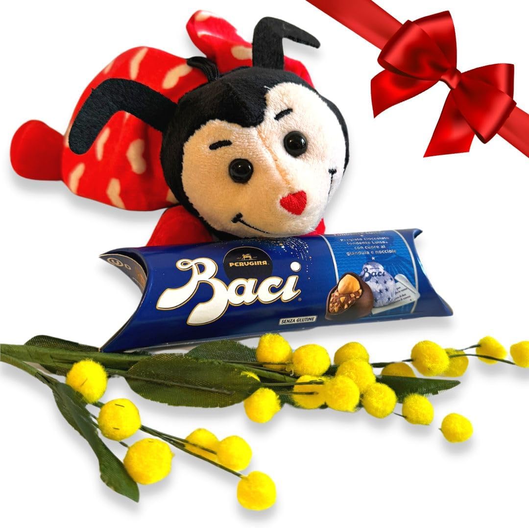 Baci Perugina Idea Regalo Festa della Mamma 2025|Festa del Papà|Pasqua|- Ramo Di Mimose Artificiali + Baci Perugina 37,5g + Peluche Coccinella