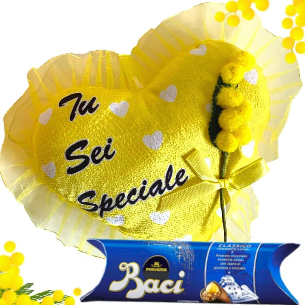 Idea Regalo Maestre - Cuscino a Cuore "Tu Sei Speciale" 16cm + Ramo Mimosa + 37,5gr Baci Perugina - Regalo Uomo|Donna|Mamma