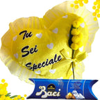 Idea Regalo Maestre - Cuscino a Cuore "Tu Sei Speciale" 16cm + Ramo Mimosa + 37,5gr Baci Perugina - Regalo Uomo|Donna|Mamma