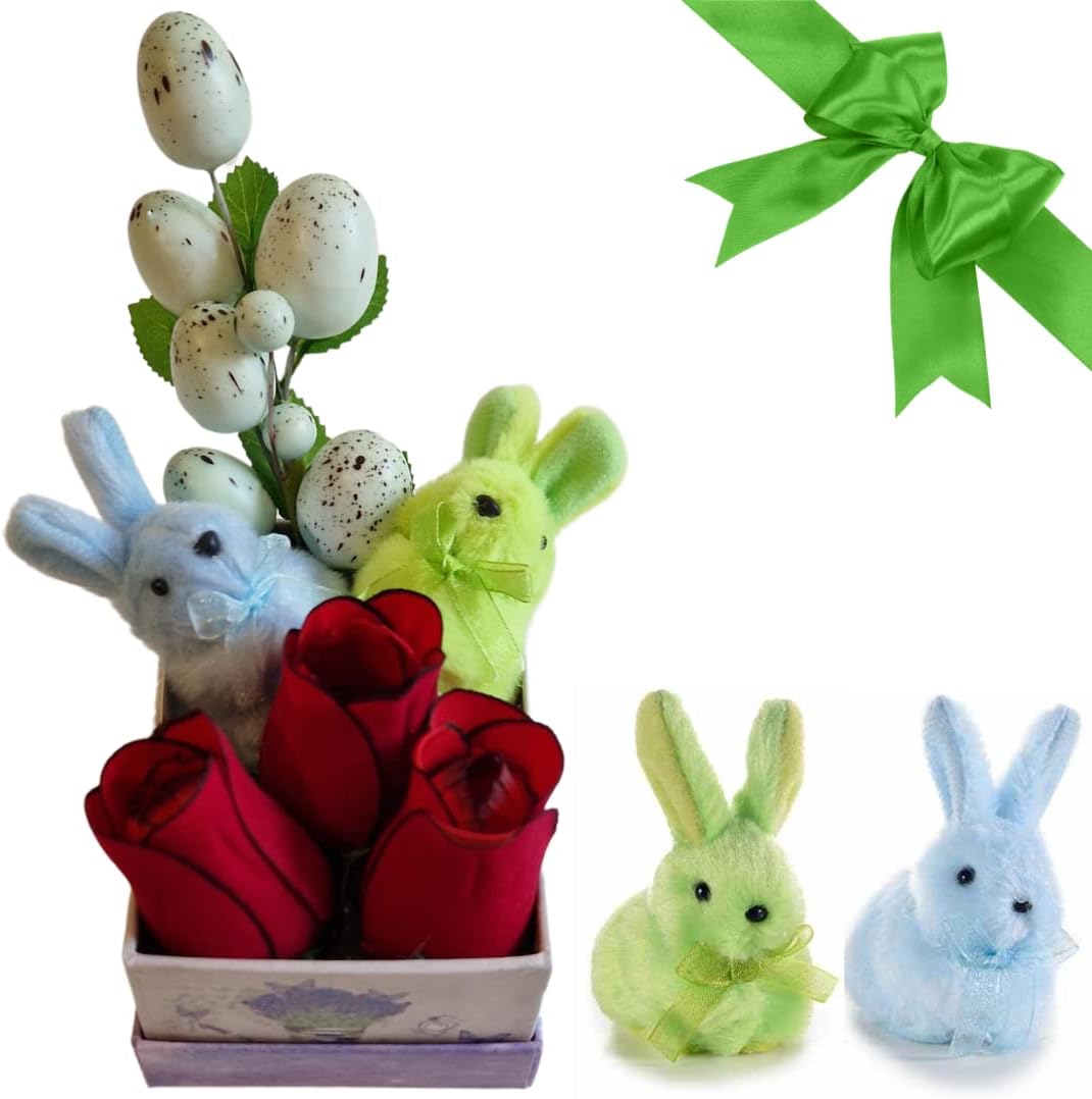 Idee Regalo San Valentino - Festa Della Donna - Scatolina Regalo + Ramo Di Uova Pasquali Artificiali 22cm + 2 Coniglietti Peluche Azzurro e Verde 7cm + Rose Di Velluto