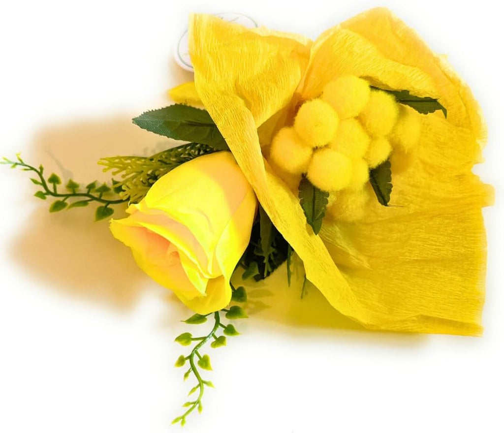 NARAMAKI Idee Regalo Festa della Donna- Mazzetto di Mimose Artificiali + Rosa Artificiale Gialla| Confezione Regalo - Mini Bouquet 8 Marzo | Festa della Donna Gadget Mimosa