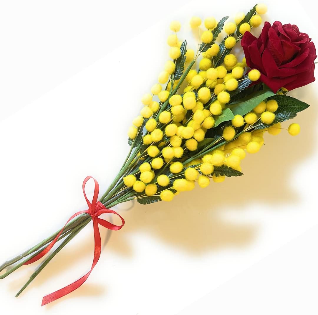 NARAMAKI Idea Regalo-1 Bouquet Mimose Con Rosa Vellutata - Rosa Eterna Sbocciata Di Velluto Gambo Lungo + Mimose Artificiali Gambo Lungo