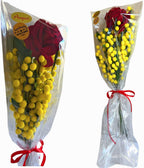 NARAMAKI Idea Regalo-1 Bouquet Mimose Con Rosa Vellutata - Rosa Eterna Sbocciata Di Velluto Gambo Lungo + Mimose Artificiali Gambo Lungo