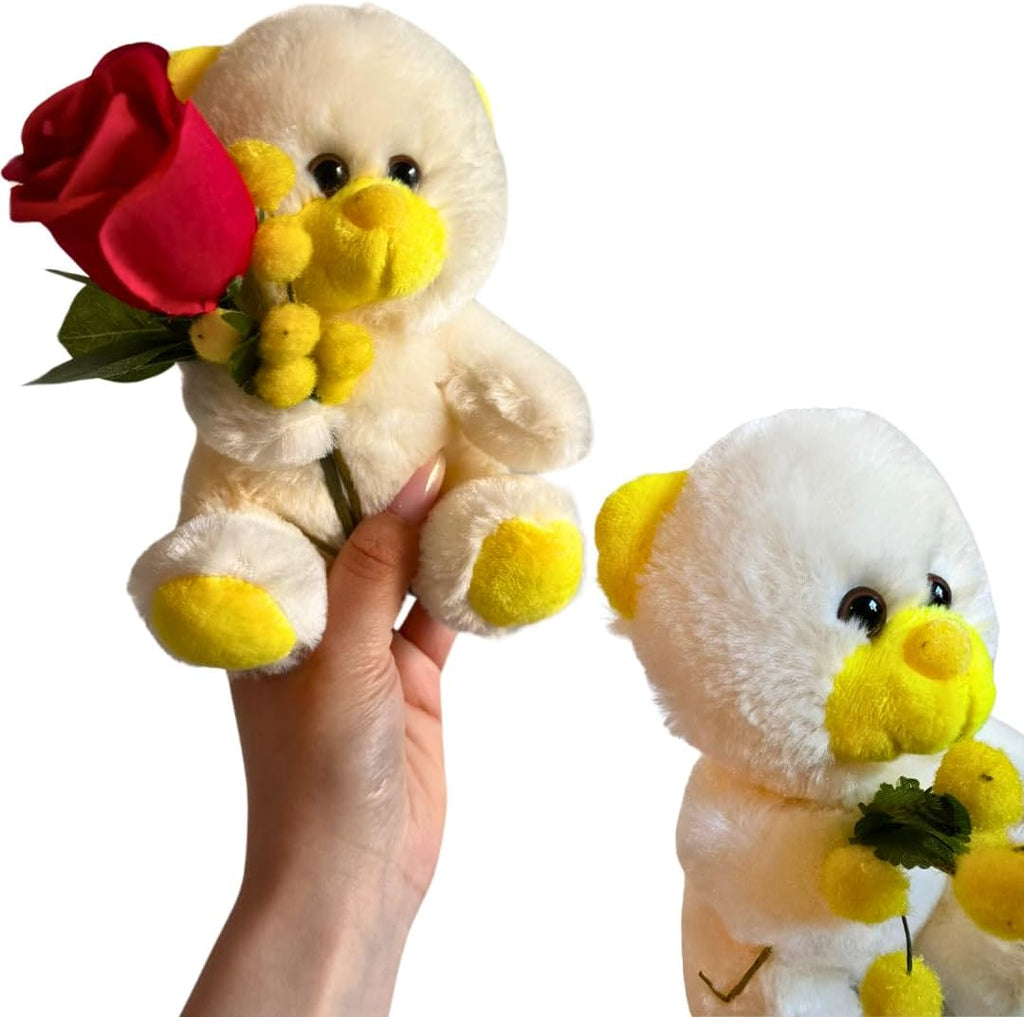 Idea Regalo Maestre - Peluche "Occhi Dolci" Giallo Vivace 16cm + 37,5gr Baci Perugina + Rosa Rossa- Regalo Uomo e Donna