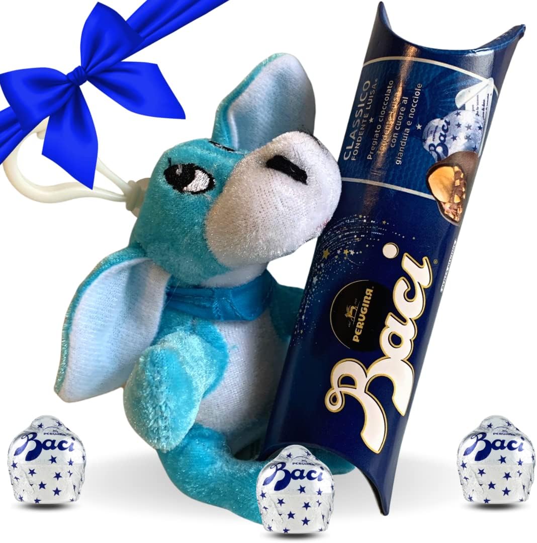 Portachiavi Napoli Regalo Compleanno - Tubino Baci Perugina 37,5gr + Mini Peluche Asino Tremolino 12 cm