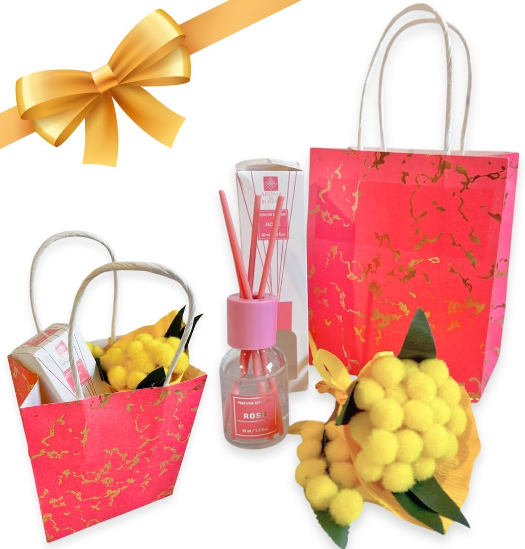 NARAMAKI® Idea Regalo per la Donna - Diffusore a Bastoncini per Ambiente 30ml Fragranze Naturali + Bouquet Mimosa Artificiale + Rametto Mimosa- Aromi| Essenze - Compleanno