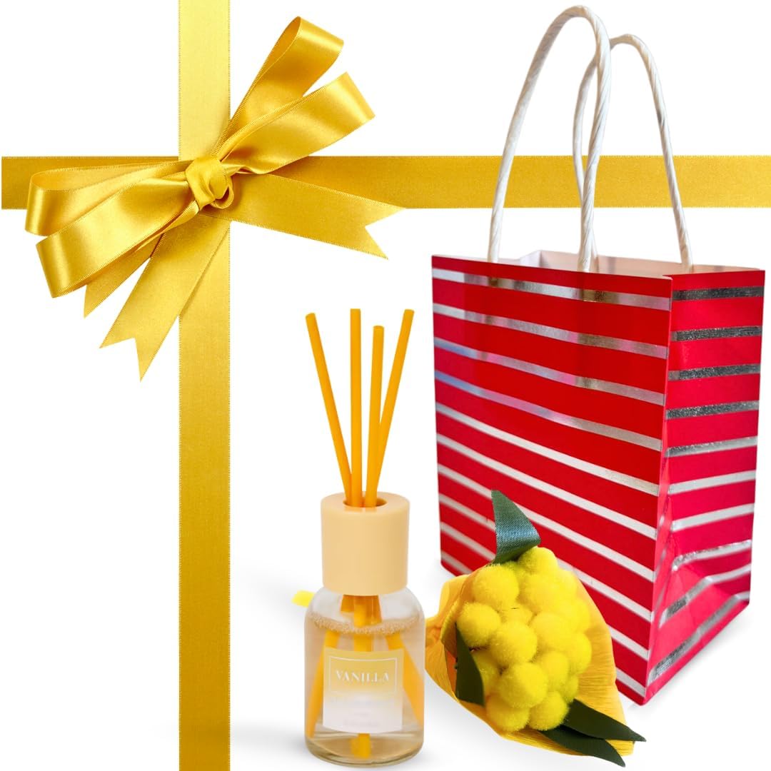 NARAMAKI® Idea Regalo per la Donna - Diffusore a Bastoncini per Ambiente 30ml Fragranze Naturali + Bouquet Mimosa Artificiale + Rametto Mimosa- Aromi| Essenze - Compleanno