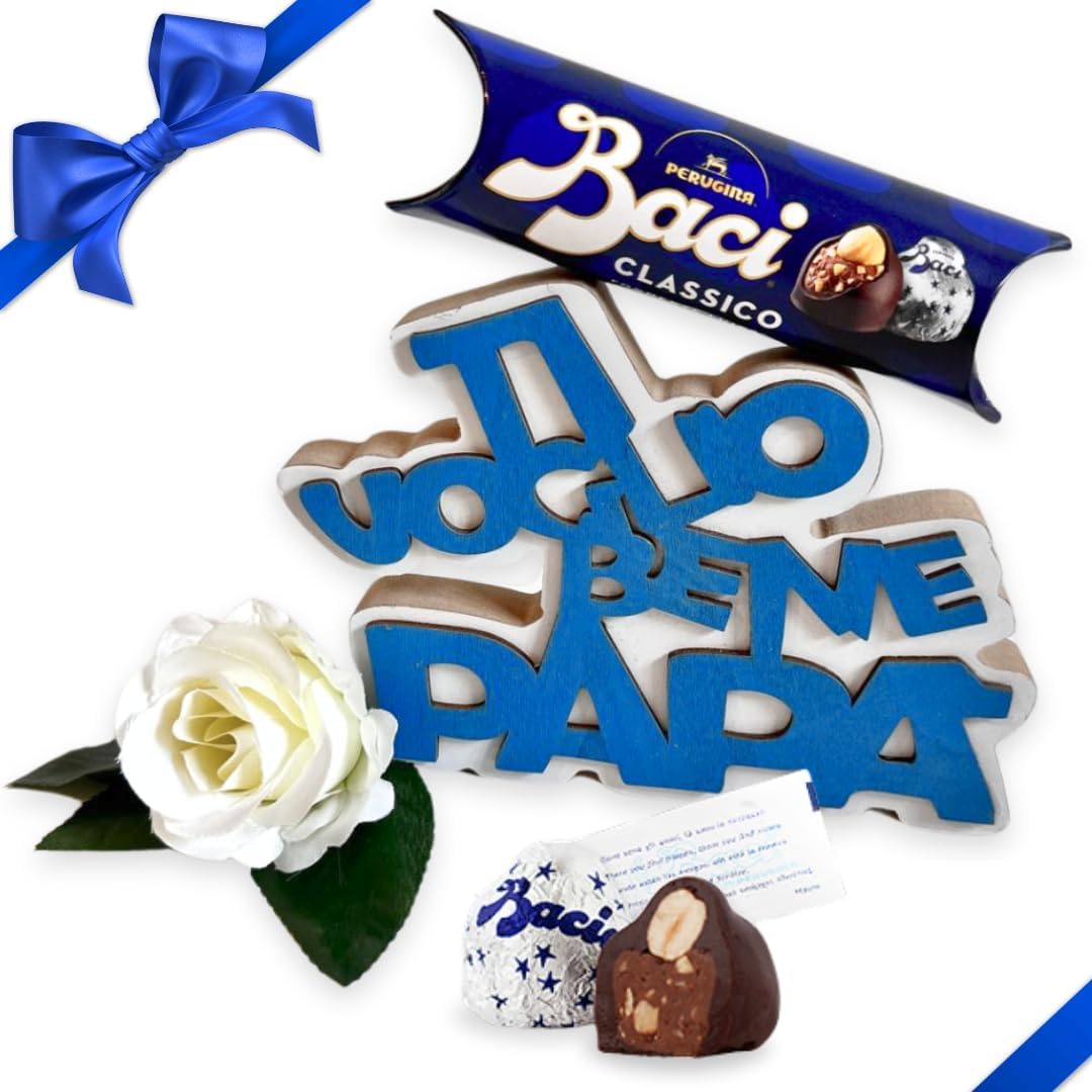 NARAMAKI® Baci Perugina Idee Regalo Compleanno Papà - 37,5g Baci Perugina + Scritta in Legno "Ti voglio bene Papà" 18cm + Rosa Bianca - Regalo Uomo|Papà|