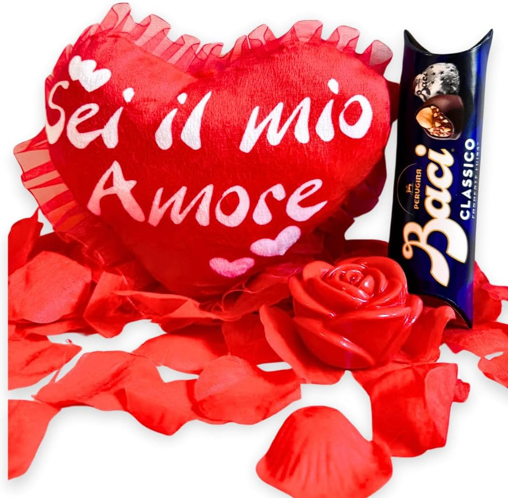 NARAMAKI® Idea Regalo Fidanzata e Fidanzato - 37,5gr Baci Perugina + Cuscino a Cuore Sei il mio amore + Rosa Luminosa - Regalo Donna |Uomo
