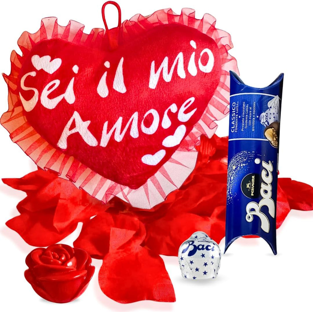 NARAMAKI® Idea Regalo Fidanzata e Fidanzato - 37,5gr Baci Perugina + Cuscino a Cuore Sei il mio amore + Rosa Luminosa - Regalo Donna |Uomo