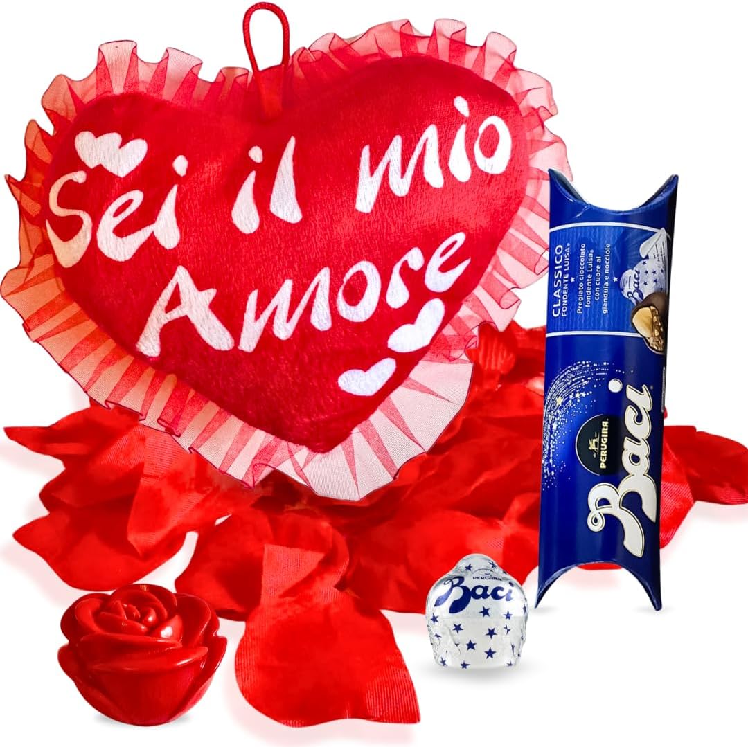 NARAMAKI® Idea Regalo Fidanzata e Fidanzato - 37,5gr Baci Perugina + Cuscino a Cuore Sei il mio amore + Rosa Luminosa - Regalo Donna |Uomo