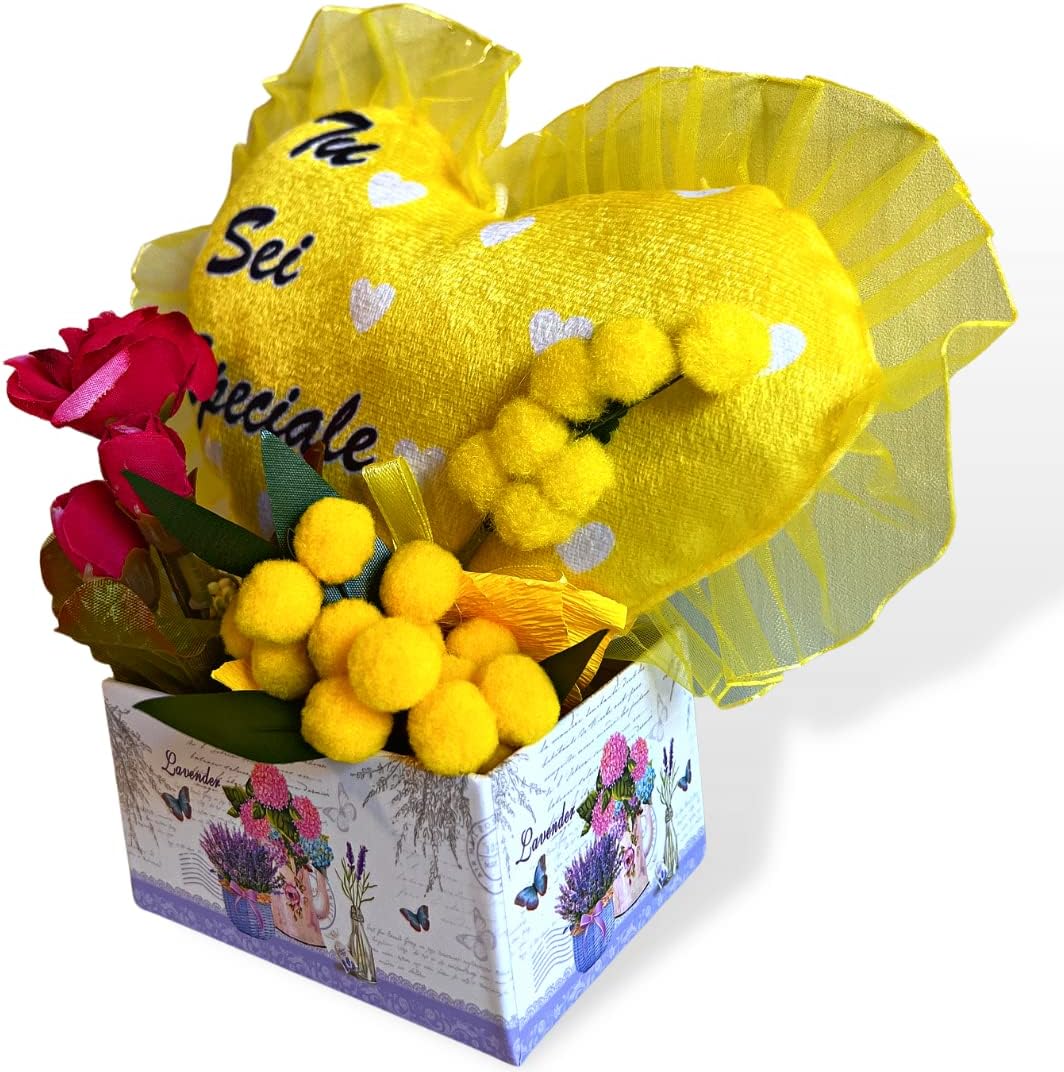 - Scatola Regalo Floreale + Mimose Finte + Cuscino a Cuore "Tu Sei Speciale" + Omaggio Calamita Fiori - Regalo Donna/Amica, Compleanno