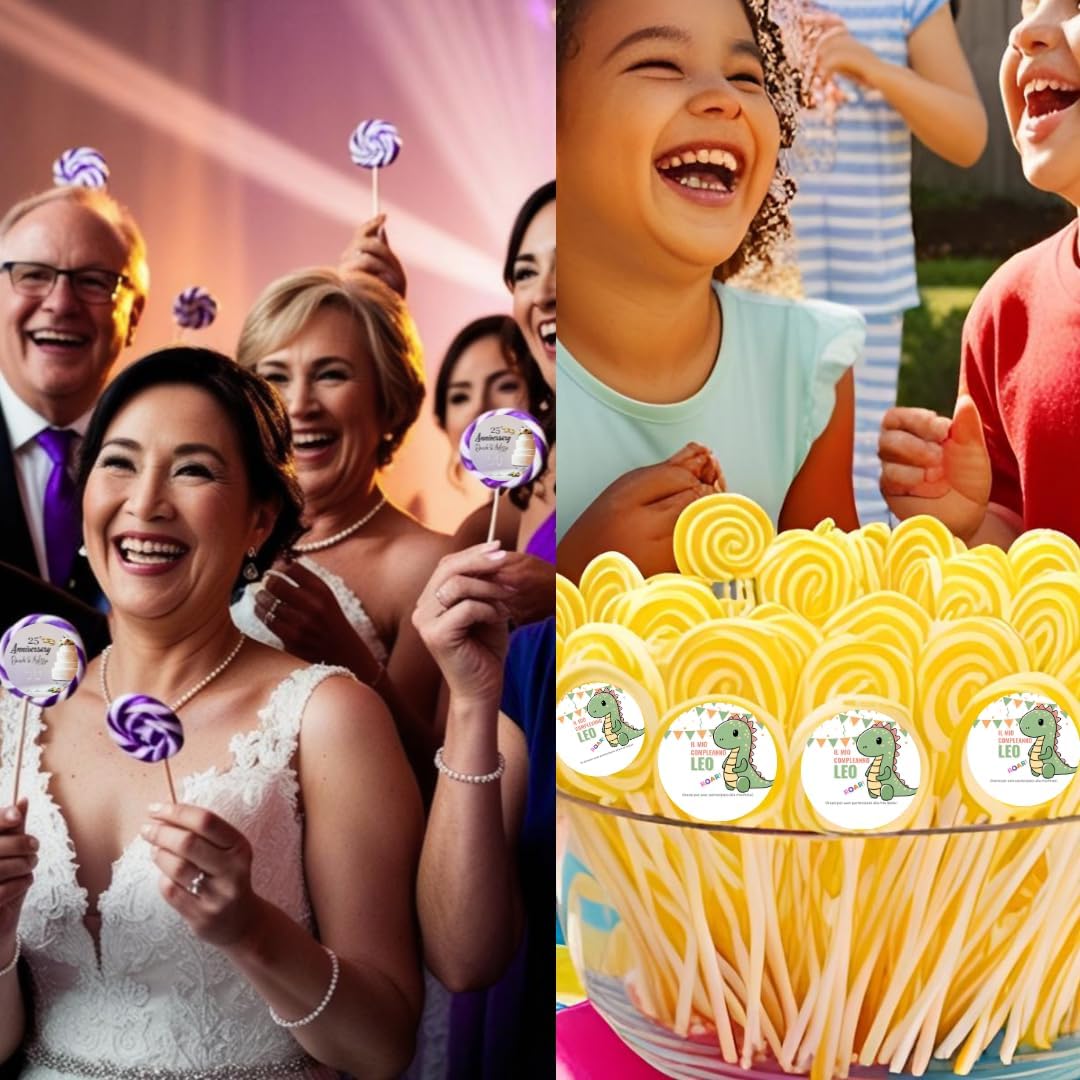 Lecca Lecca Personalizzati - Spirale alla Frutta Personalizzabili - Adesivo -Eventi, Matrimonio, Compleanno, Comunione,Battesimo