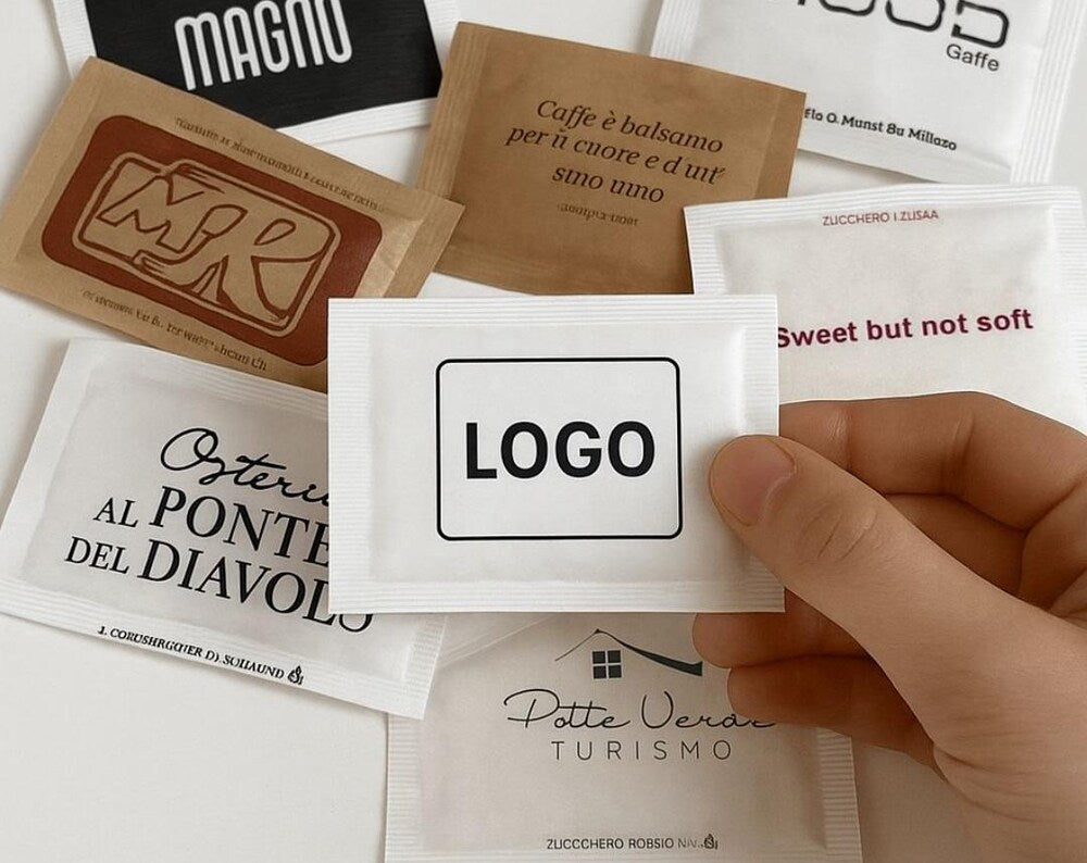 Customized White/Cane Sugar Sachets with a Single-Color Logo/Writing